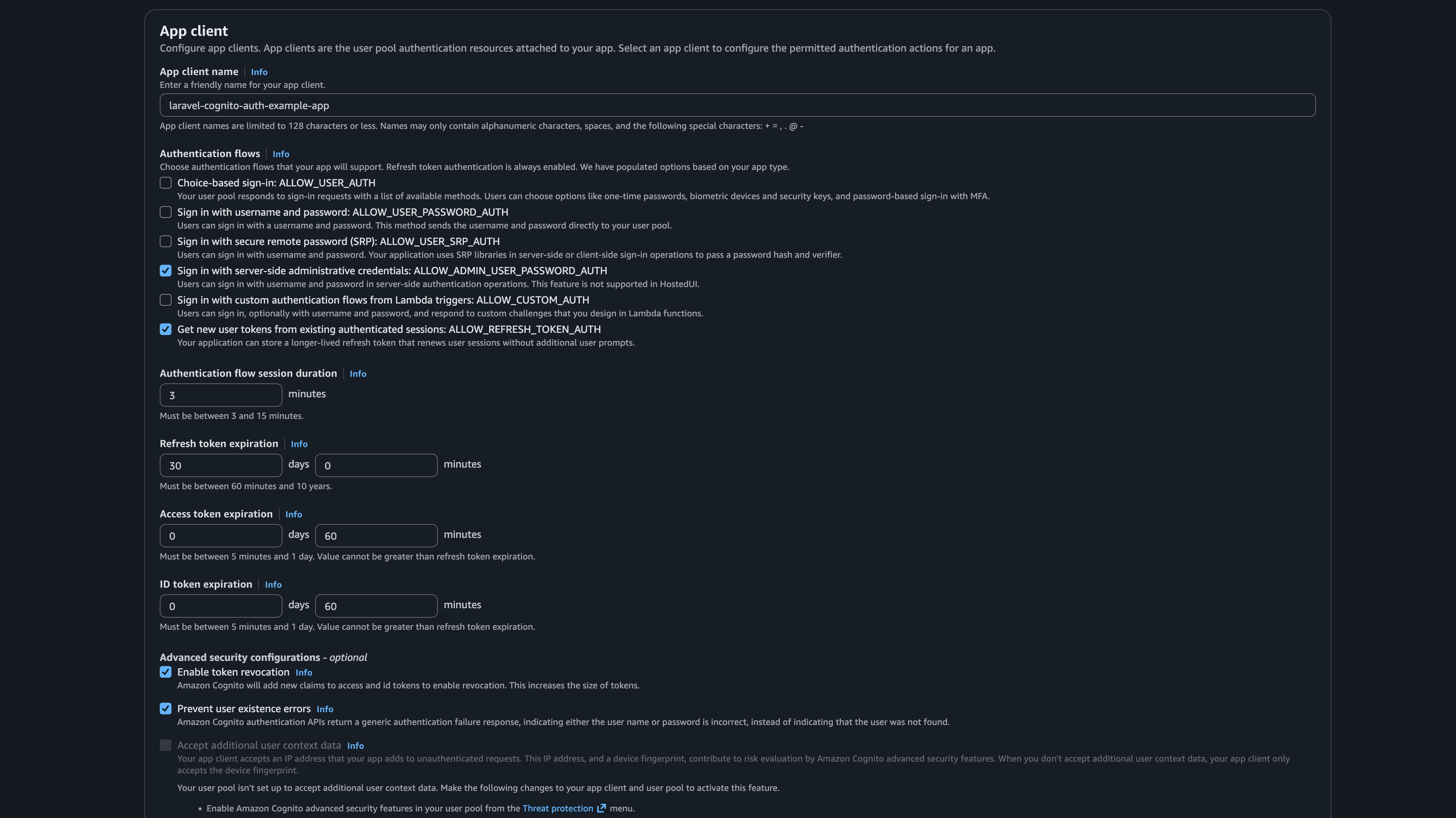 App client configuration panel in the Cognito console showing the client name, authentication flows checkboxes, session duration, and refresh token expiration.