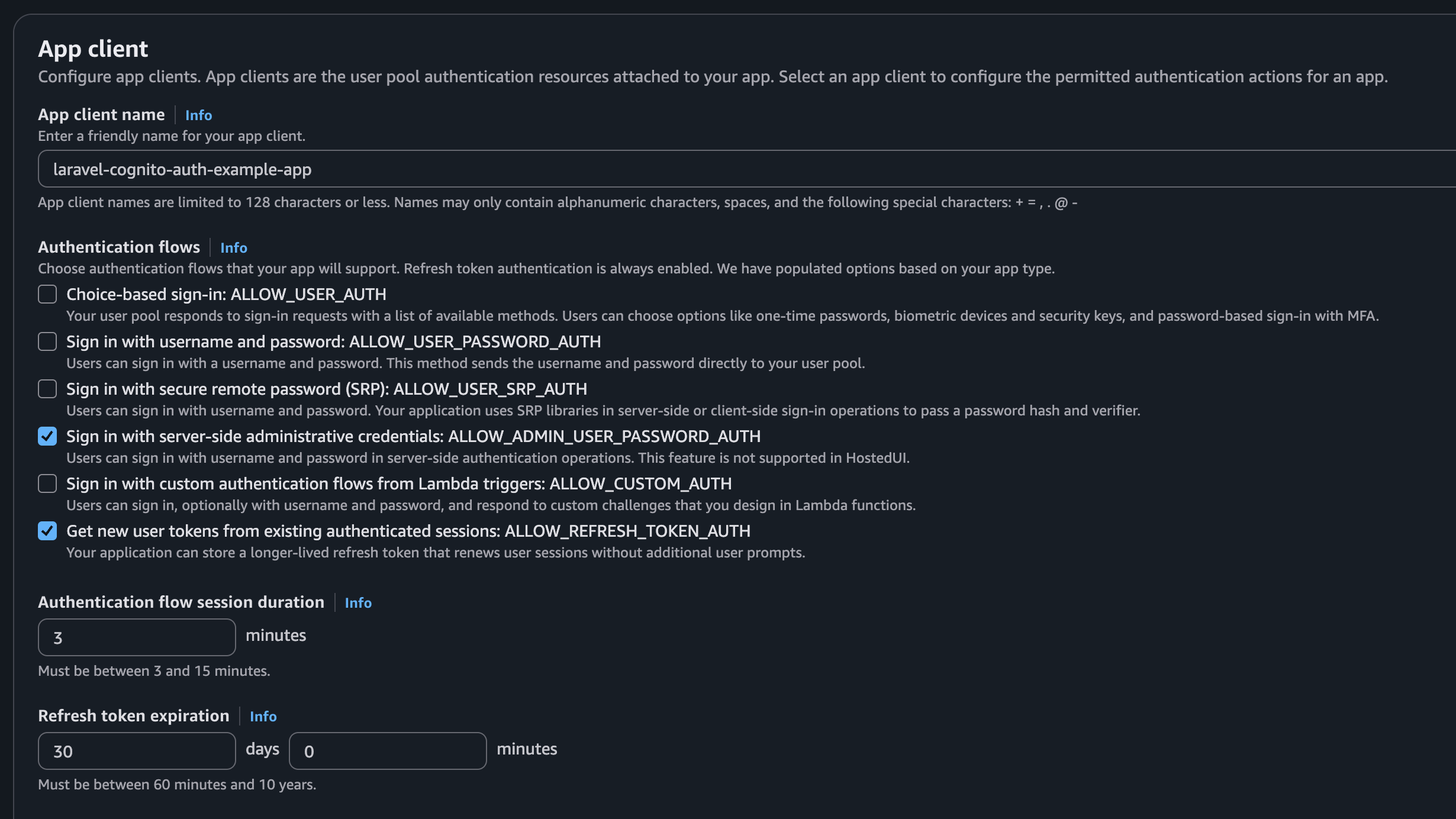 Authentication flows checkboxes in the Cognito console with ALLOW_ADMIN_USER_PASSWORD_AUTH and ALLOW_REFRESH_TOKEN_AUTH ticked.