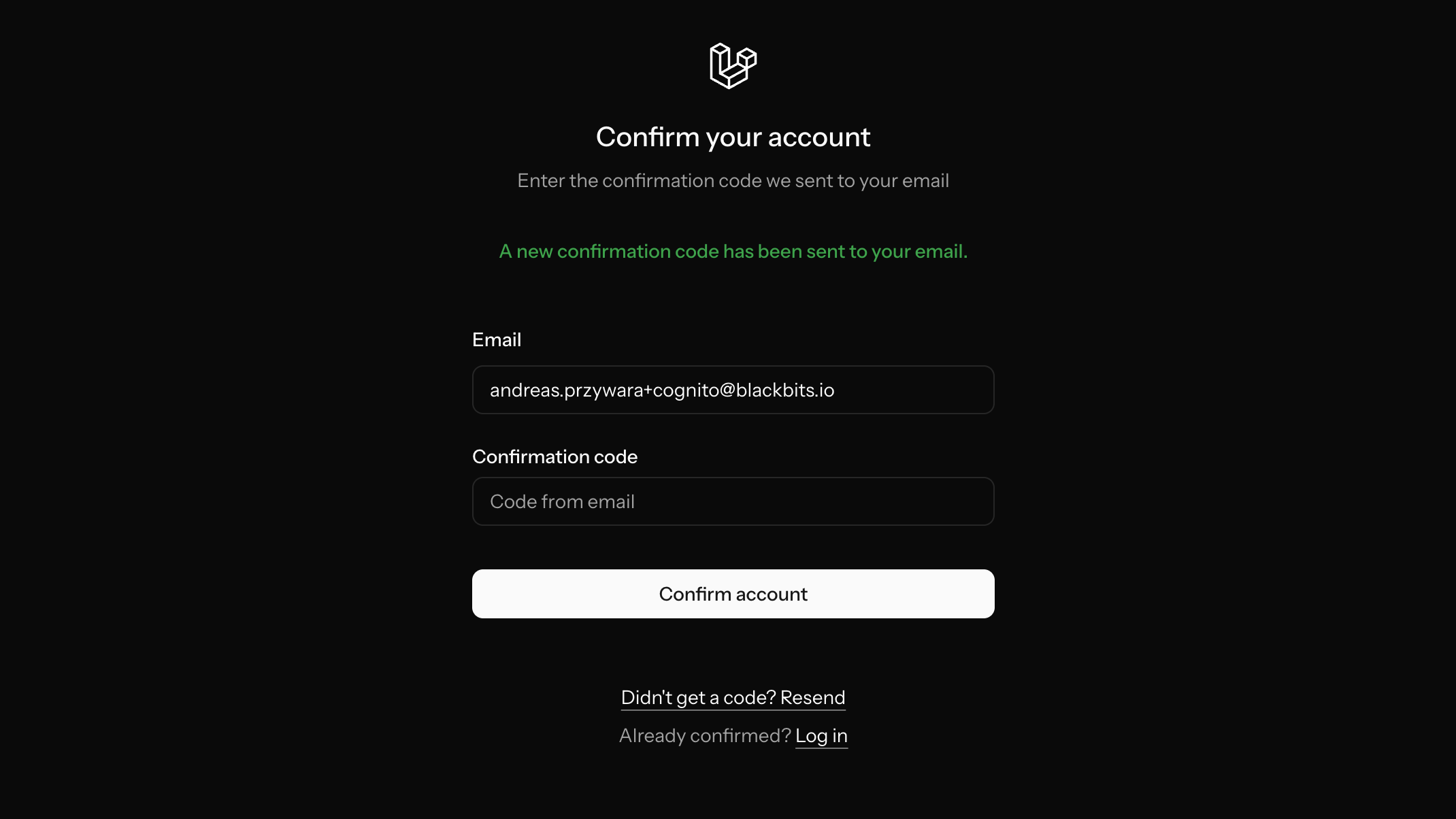 Confirm your account page in the example app, showing the email field pre-filled, an empty confirmation code input, a green "A new confirmation code has been sent to your email." flash banner, and a "Confirm account" button.